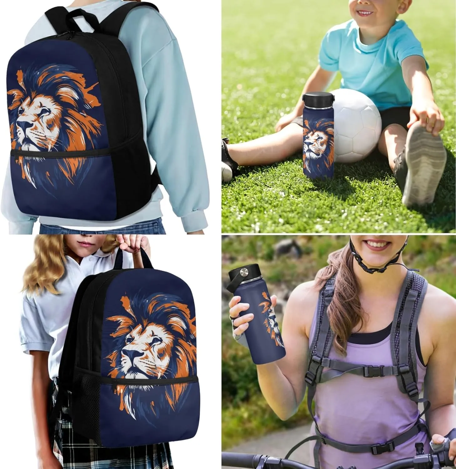 Lion Boys Backpack 3 Pcs Set with Lunch Box for 2Nd 3Rd Kids Bookbag with Water Bottle for Age 3-12 Children Cool School Bag 17 Inch Book Bags for Traveling