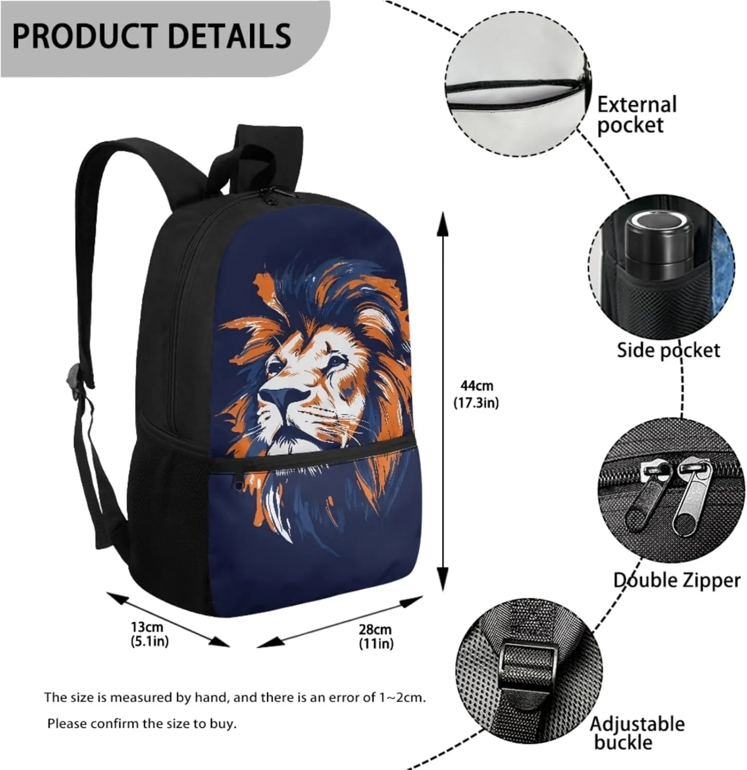 Lion Boys Backpack 3 Pcs Set with Lunch Box for 2Nd 3Rd Kids Bookbag with Water Bottle for Age 3-12 Children Cool School Bag 17 Inch Book Bags for Traveling