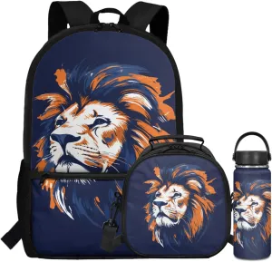 Lion Boys Backpack 3 Pcs Set with Lunch Box for 2Nd 3Rd Kids Bookbag with Water Bottle for Age 3-12 Children Cool School Bag 17 Inch Book Bags for Traveling