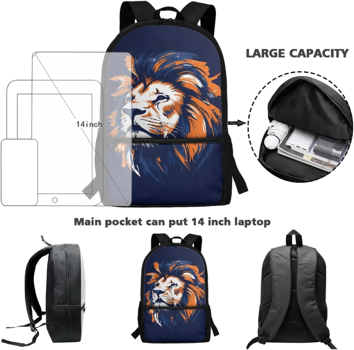 Lion Boys Backpack 3 Pcs Set with Lunch Box for 2Nd 3Rd Kids Bookbag with Water Bottle for Age 3-12 Children Cool School Bag 17 Inch Book Bags for Traveling