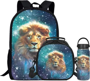 Lion Boys Backpack with Lunch Box Set,Starry Bookbag for Kids Cool School Bag 3 Pcs Sets for 5-11 Years Children Book Bag for Girls 17 Inch Daypack for Back to School