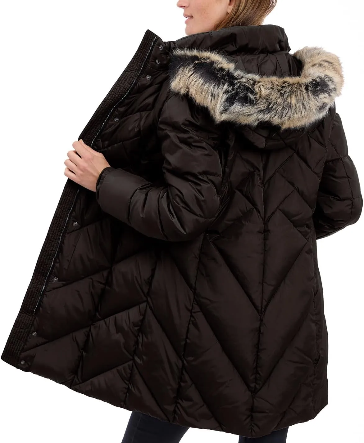 LONDON FOG Women's 36" Snap Front Down Coat with Multi Pattern Quilt and Hood