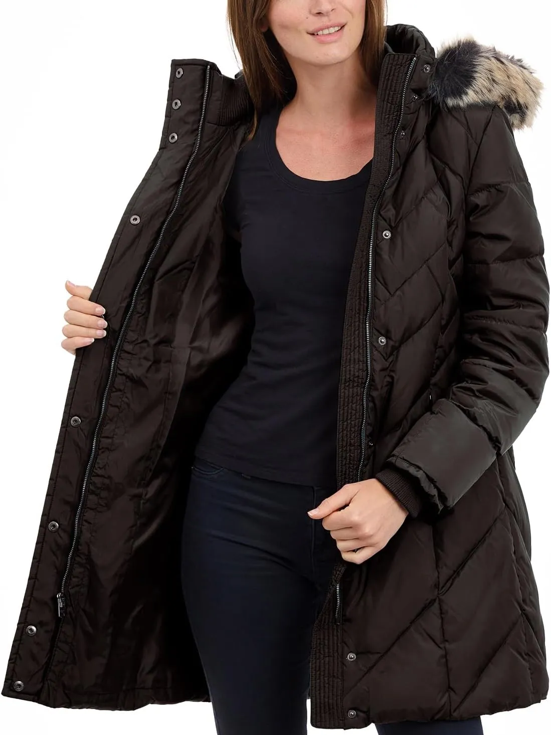 LONDON FOG Women's 36" Snap Front Down Coat with Multi Pattern Quilt and Hood
