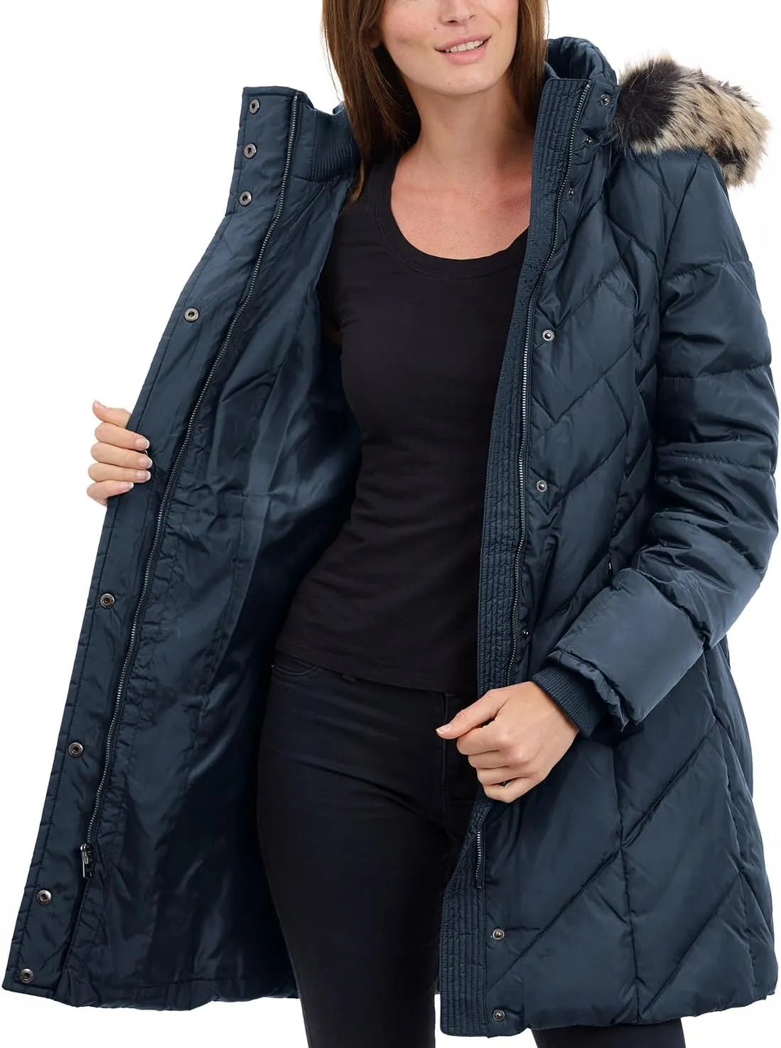 LONDON FOG Women's 36" Snap Front Down Coat with Multi Pattern Quilt and Hood