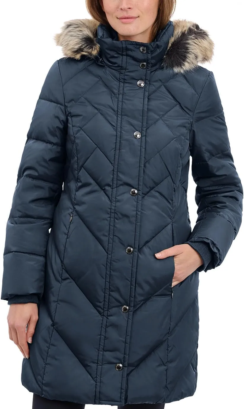 LONDON FOG Women's 36" Snap Front Down Coat with Multi Pattern Quilt and Hood