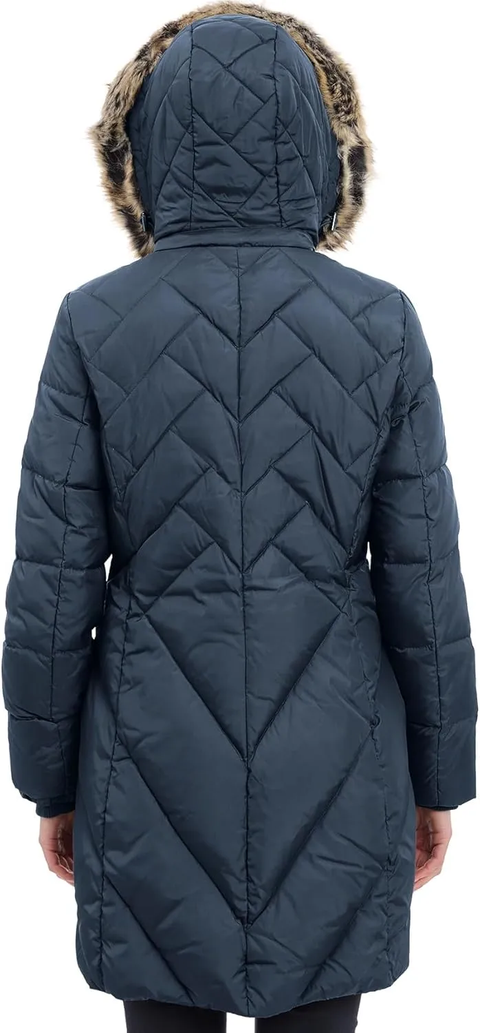 LONDON FOG Women's 36" Snap Front Down Coat with Multi Pattern Quilt and Hood