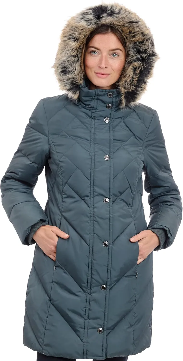 LONDON FOG Women's 36" Snap Front Down Coat with Multi Pattern Quilt and Hood