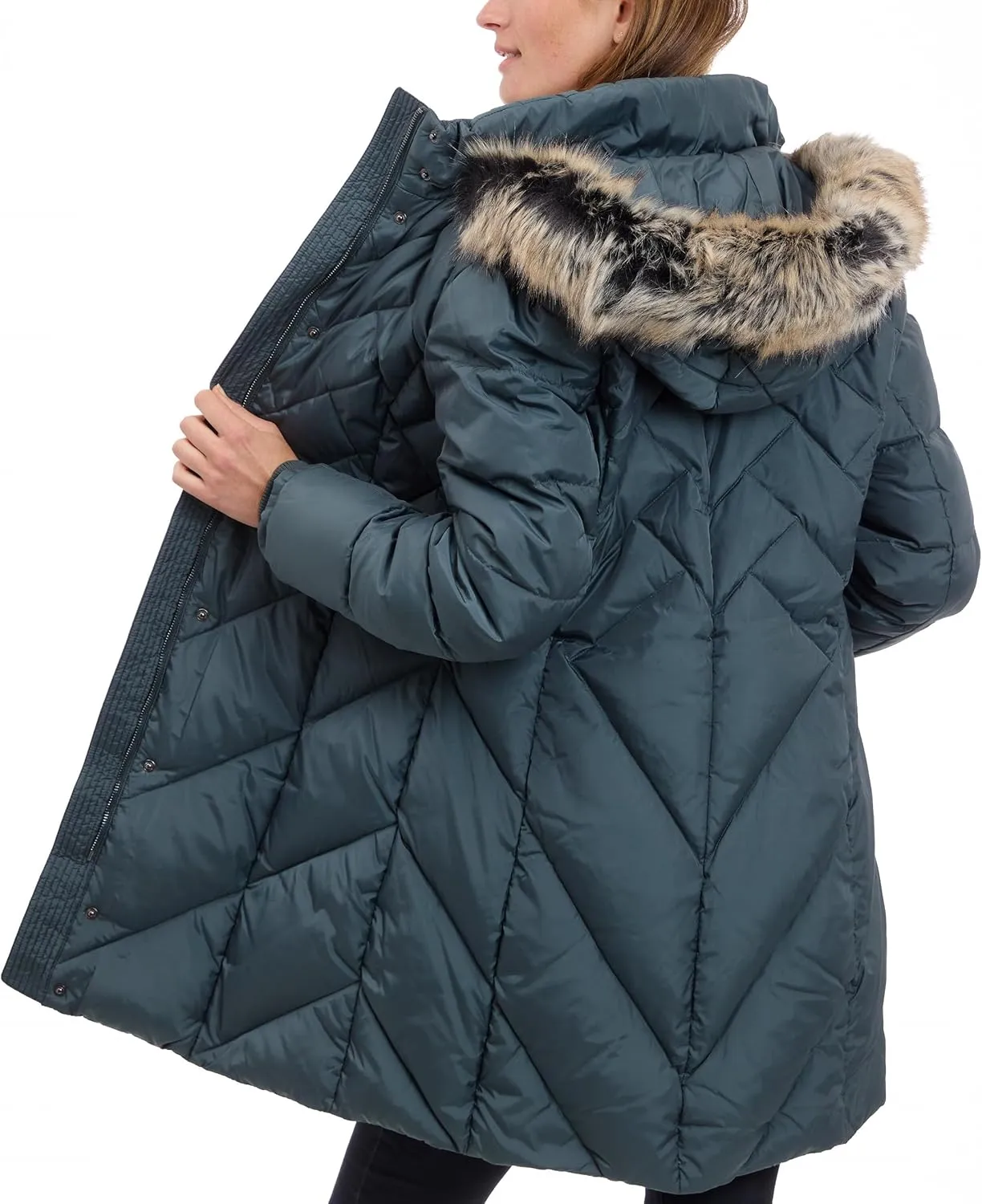 LONDON FOG Women's 36" Snap Front Down Coat with Multi Pattern Quilt and Hood