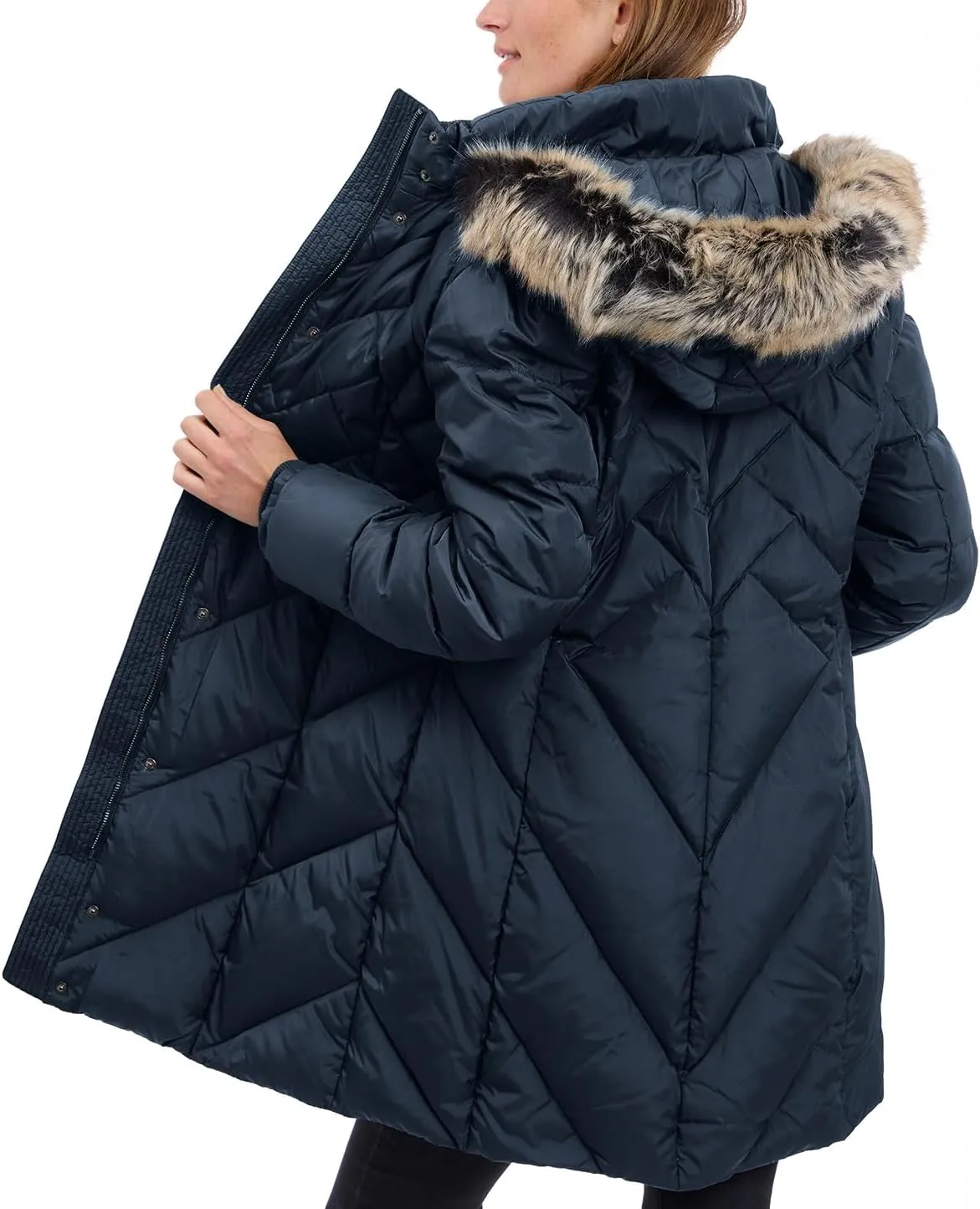 LONDON FOG Women's 36" Snap Front Down Coat with Multi Pattern Quilt and Hood