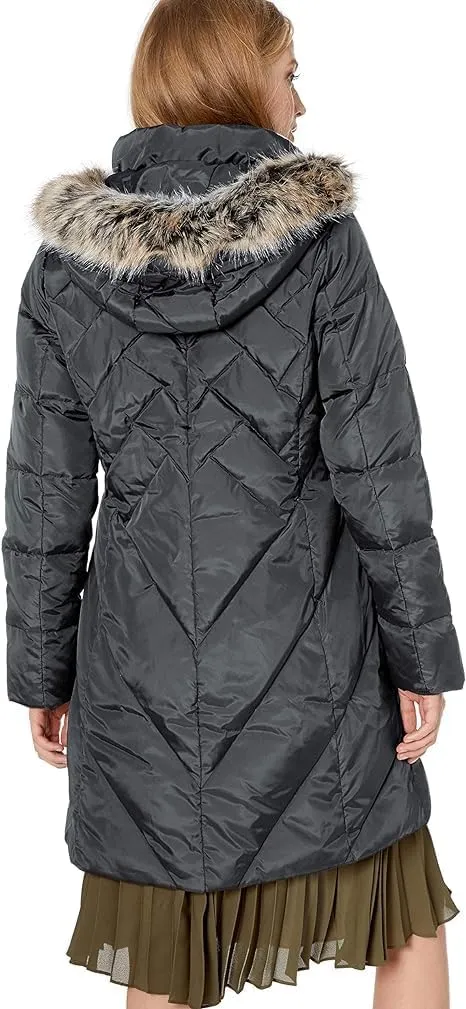 LONDON FOG Women's 36" Snap Front Down Coat with Multi Pattern Quilt and Hood