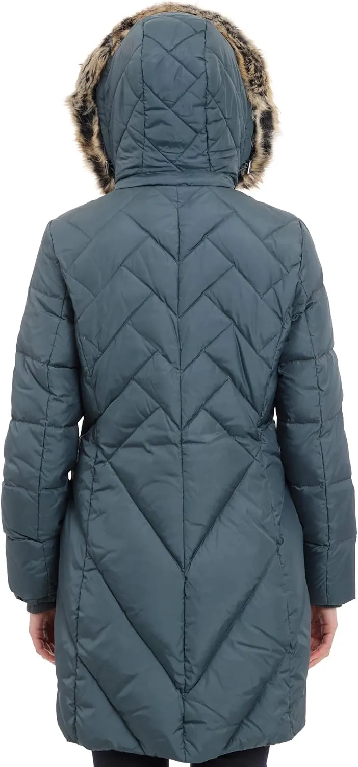 LONDON FOG Women's 36" Snap Front Down Coat with Multi Pattern Quilt and Hood