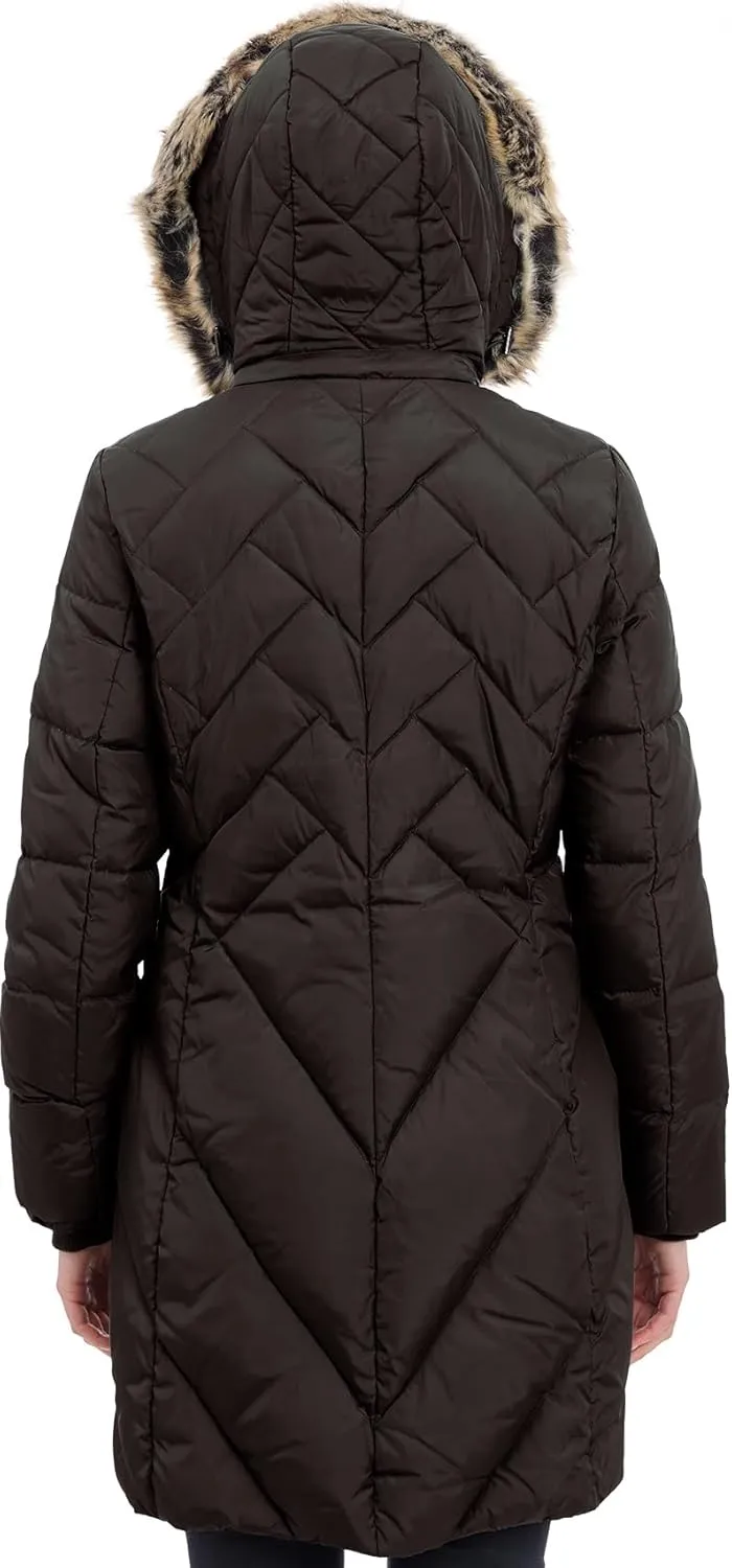 LONDON FOG Women's 36" Snap Front Down Coat with Multi Pattern Quilt and Hood