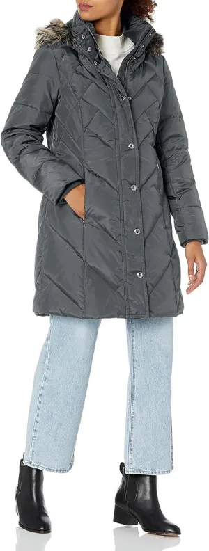 LONDON FOG Women's 36" Snap Front Down Coat with Multi Pattern Quilt and Hood