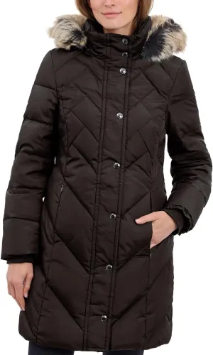 LONDON FOG Women's 36" Snap Front Down Coat with Multi Pattern Quilt and Hood