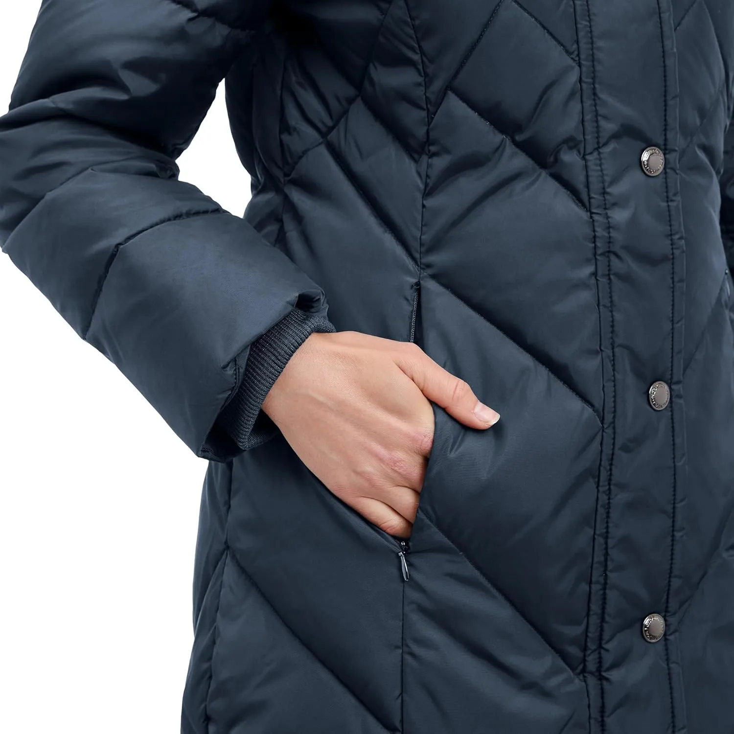 LONDON FOG Women's 36" Snap Front Down Coat with Multi Pattern Quilt and Hood