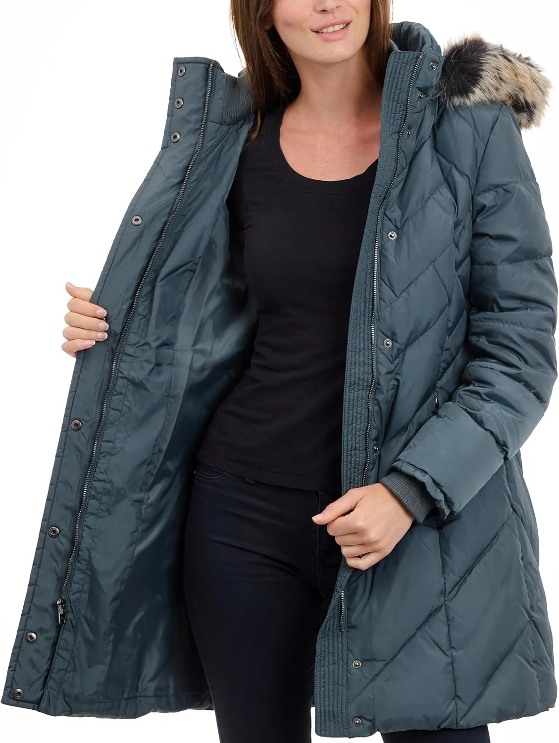 LONDON FOG Women's 36" Snap Front Down Coat with Multi Pattern Quilt and Hood