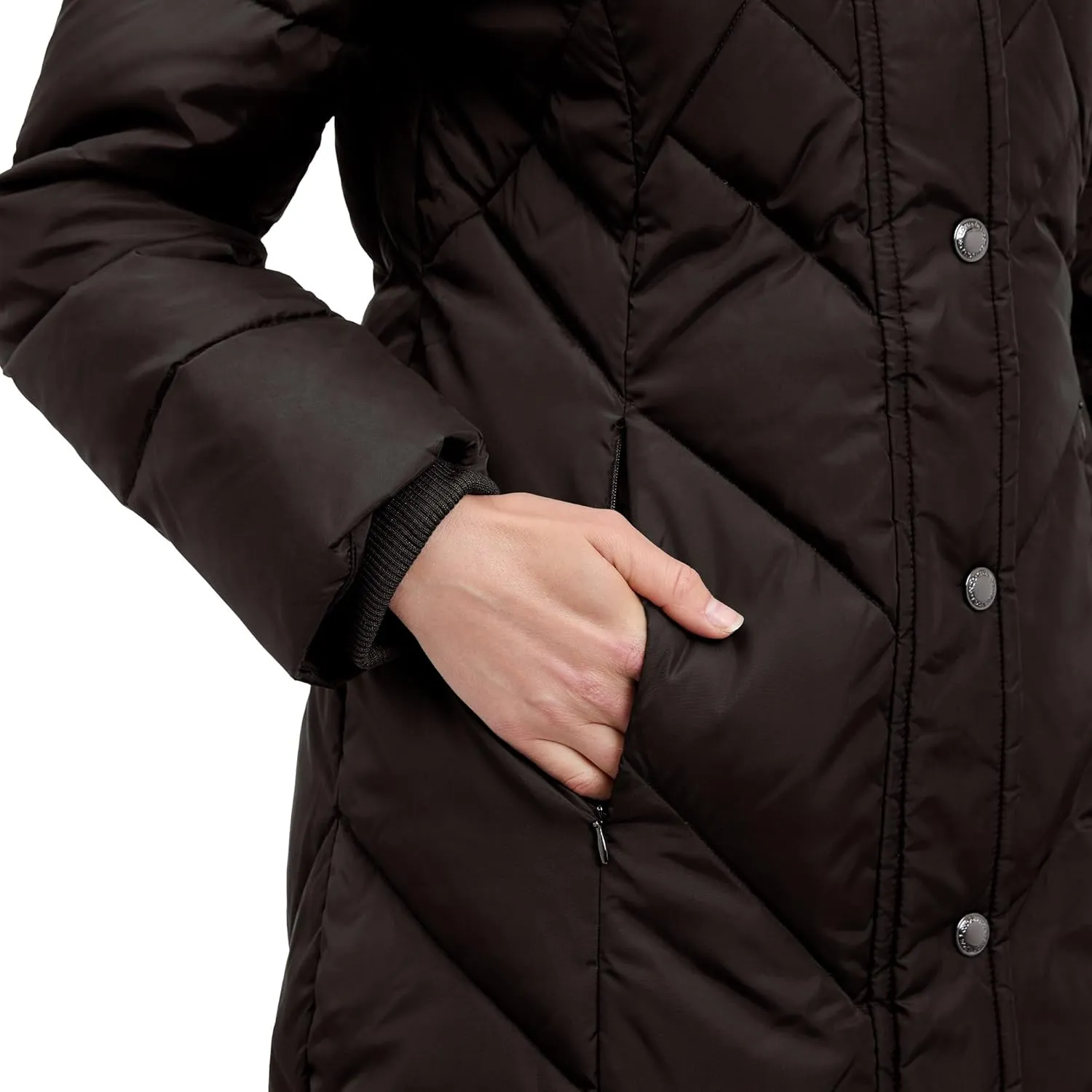 LONDON FOG Women's 36" Snap Front Down Coat with Multi Pattern Quilt and Hood