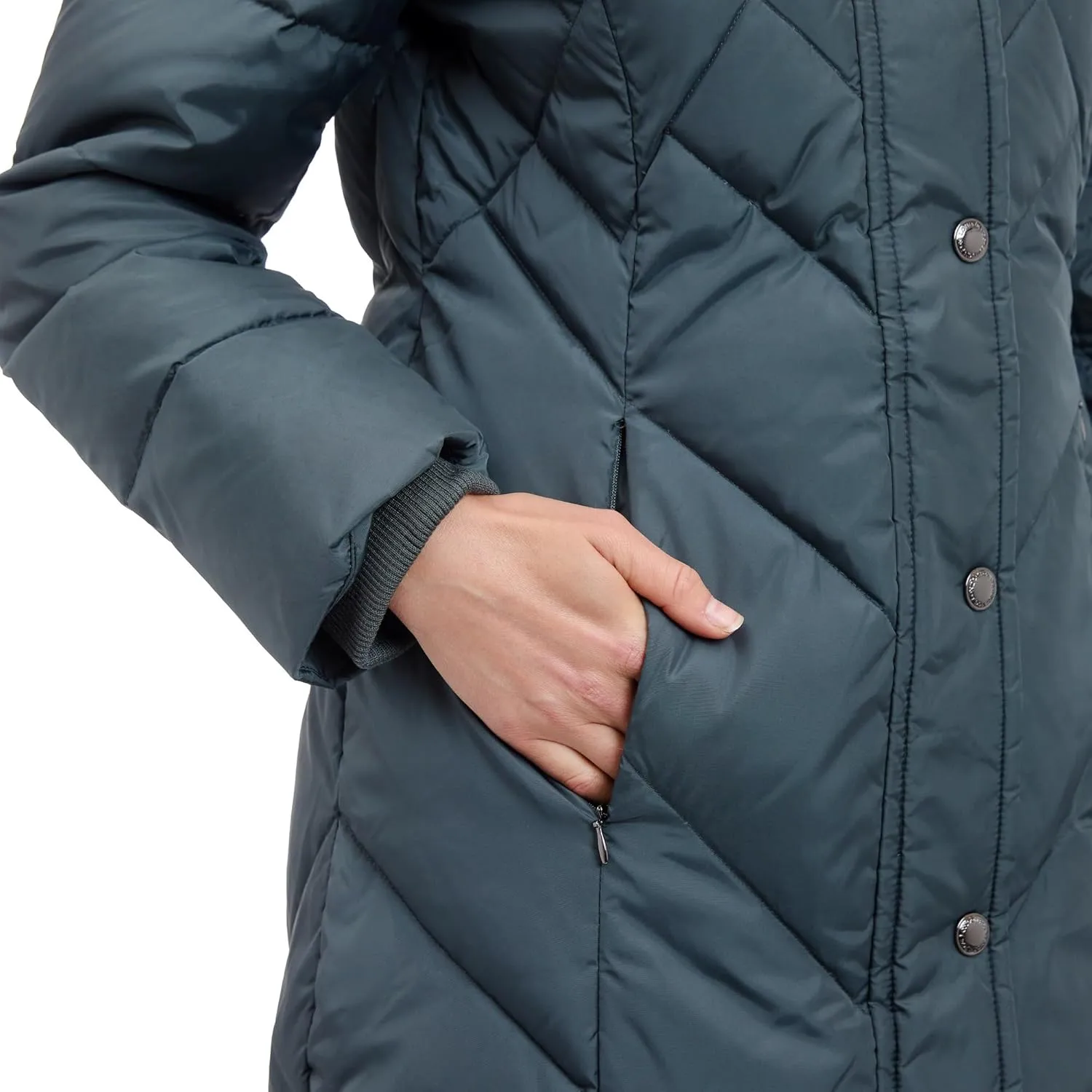 LONDON FOG Women's 36" Snap Front Down Coat with Multi Pattern Quilt and Hood