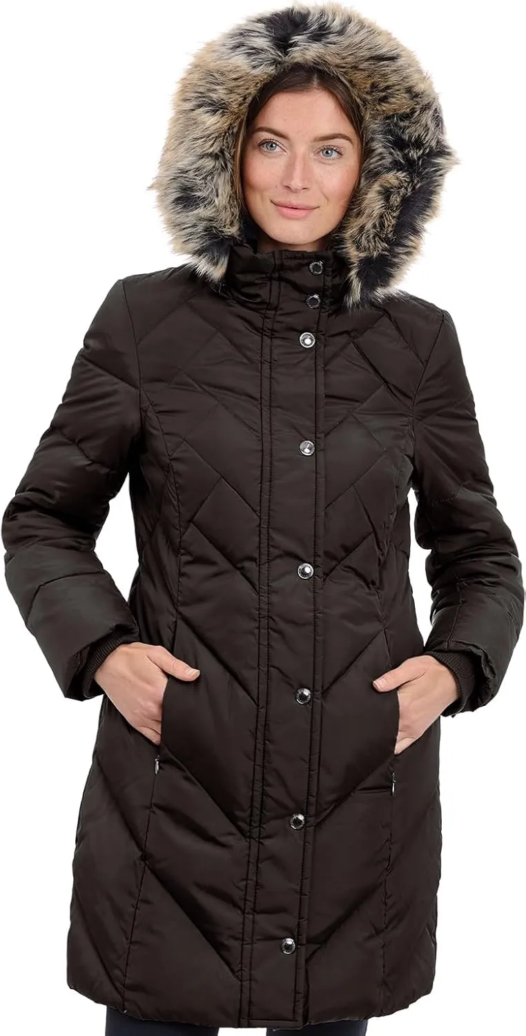 LONDON FOG Women's 36" Snap Front Down Coat with Multi Pattern Quilt and Hood