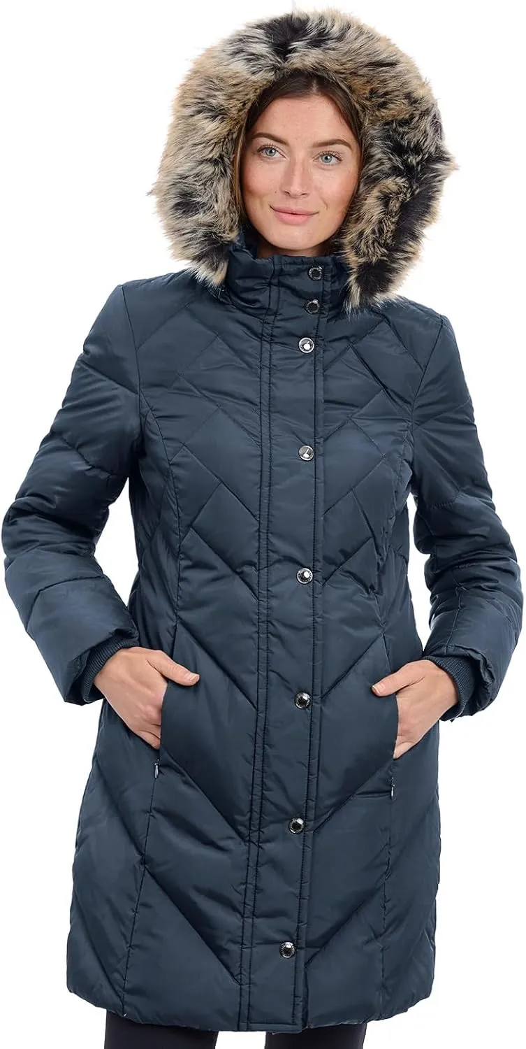 LONDON FOG Women's 36" Snap Front Down Coat with Multi Pattern Quilt and Hood