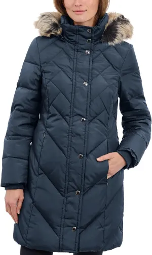 LONDON FOG Women's 36" Snap Front Down Coat with Multi Pattern Quilt and Hood