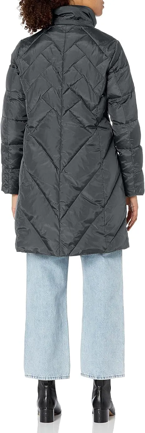 LONDON FOG Women's 36" Snap Front Down Coat with Multi Pattern Quilt and Hood