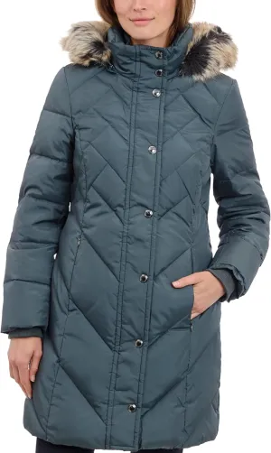 LONDON FOG Women's 36" Snap Front Down Coat with Multi Pattern Quilt and Hood