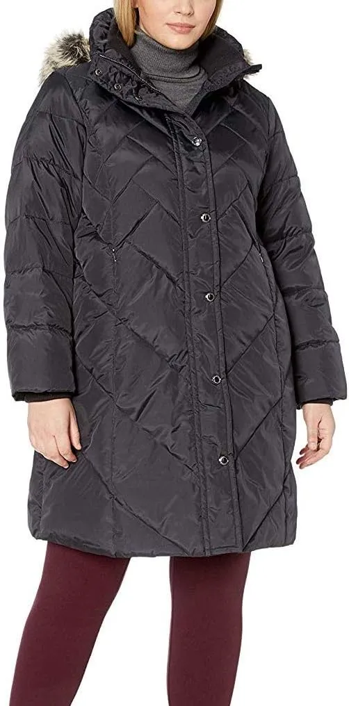 LONDON FOG Women's Plus Size Snap Front Hooded Multi Pattern Quilt Down Coat