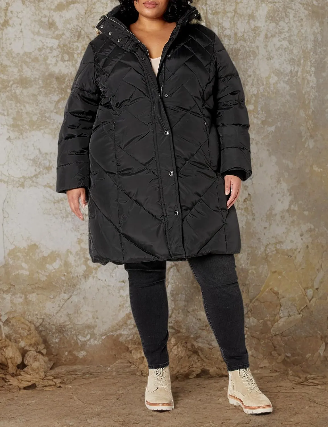 LONDON FOG Women's Plus Size Snap Front Hooded Multi Pattern Quilt Down Coat