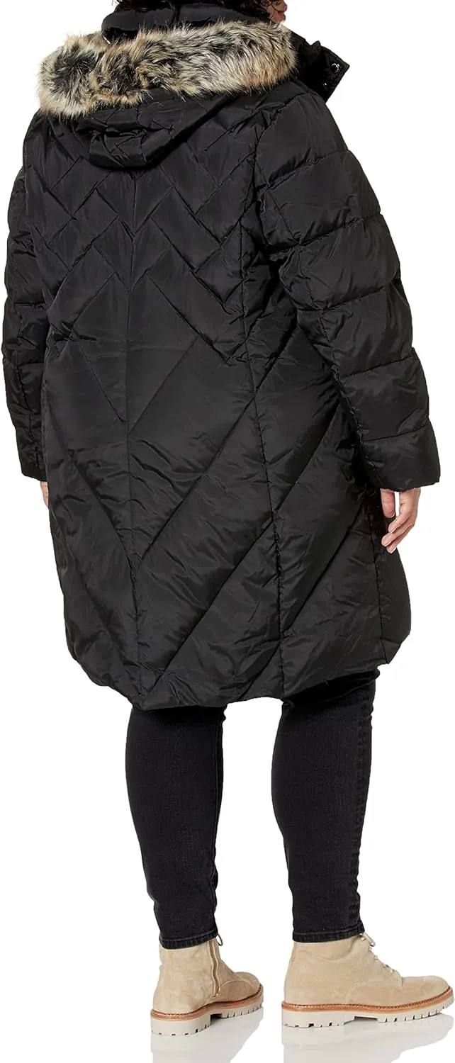 LONDON FOG Women's Plus Size Snap Front Hooded Multi Pattern Quilt Down Coat