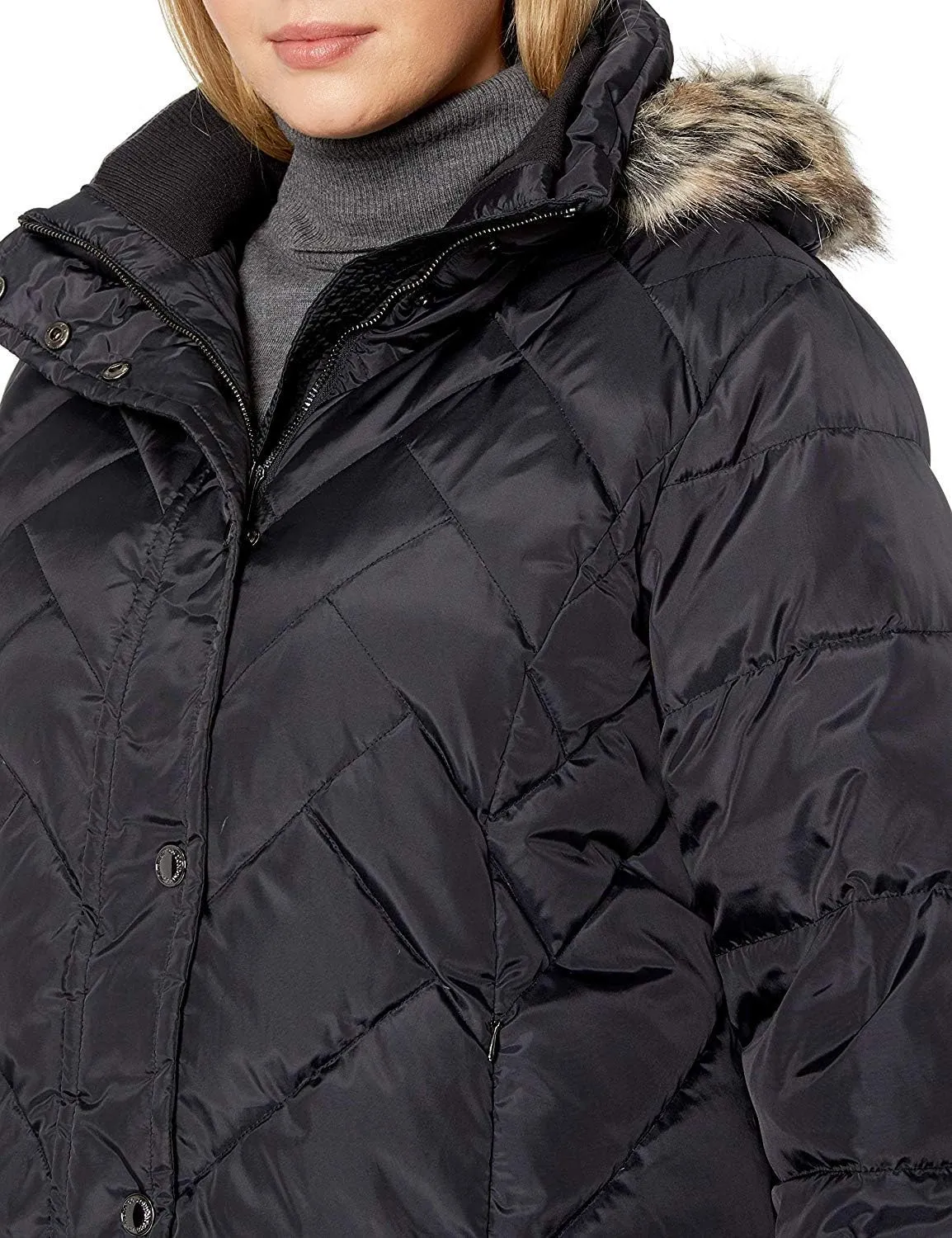 LONDON FOG Women's Plus Size Snap Front Hooded Multi Pattern Quilt Down Coat