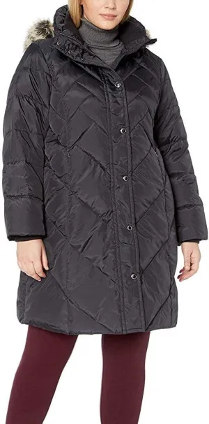 LONDON FOG Women's Plus Size Snap Front Hooded Multi Pattern Quilt Down Coat
