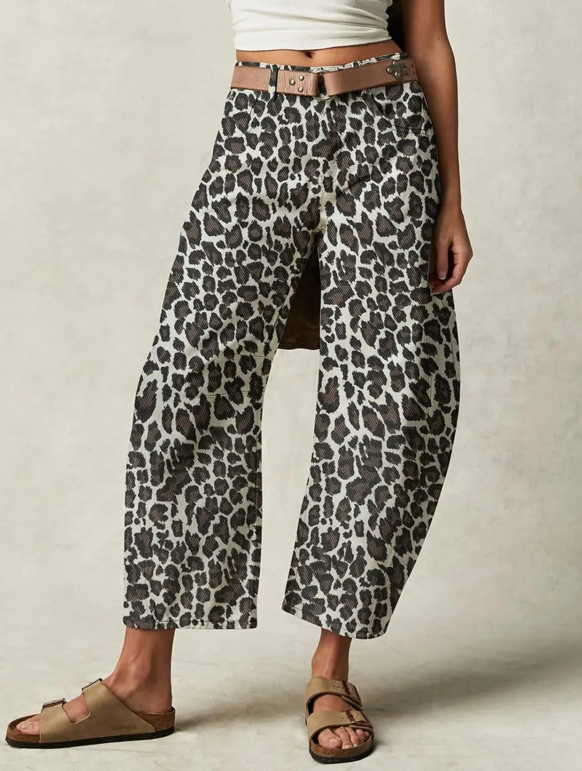 loveimgs Women Baggy Leopard Barrel Jeans Cheetah Print Mid Rise Wide Leg Denim Pants Harem Boyfriend Cargo Jeans Y2k