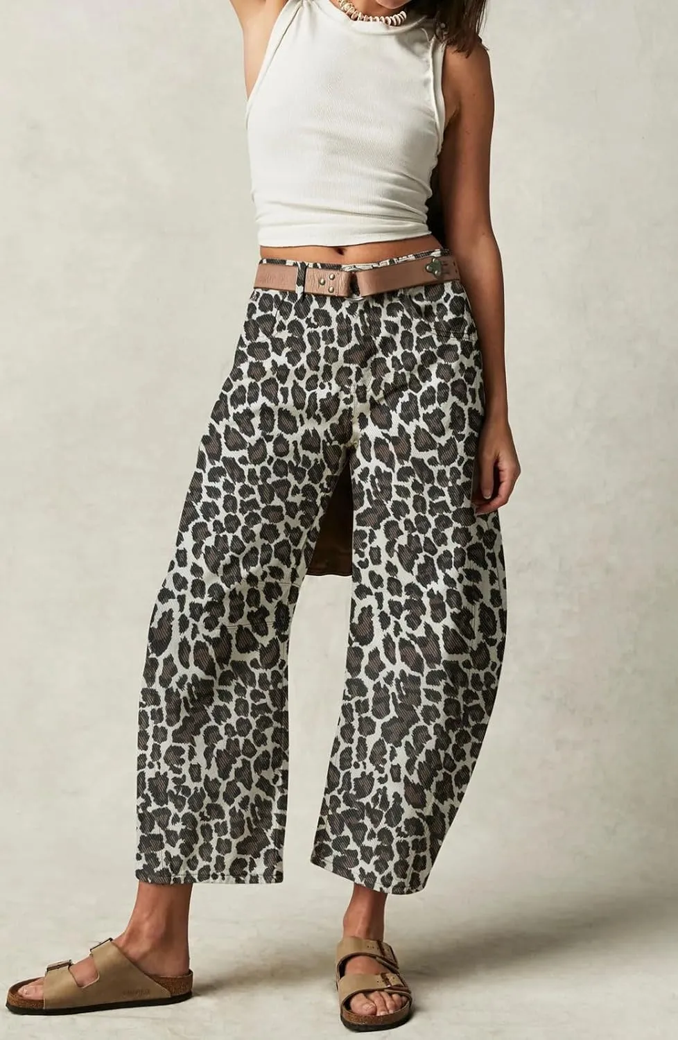 loveimgs Women Baggy Leopard Barrel Jeans Cheetah Print Mid Rise Wide Leg Denim Pants Harem Boyfriend Cargo Jeans Y2k
