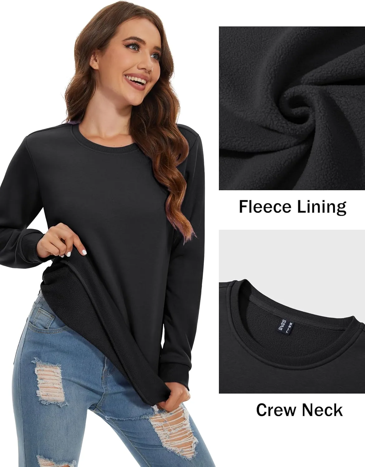 MAGCOMSEN Women's Fleece Lined Sweatshirt Crewneck Cotton Pullover Fall Casual Long Sleeve Warm Tops