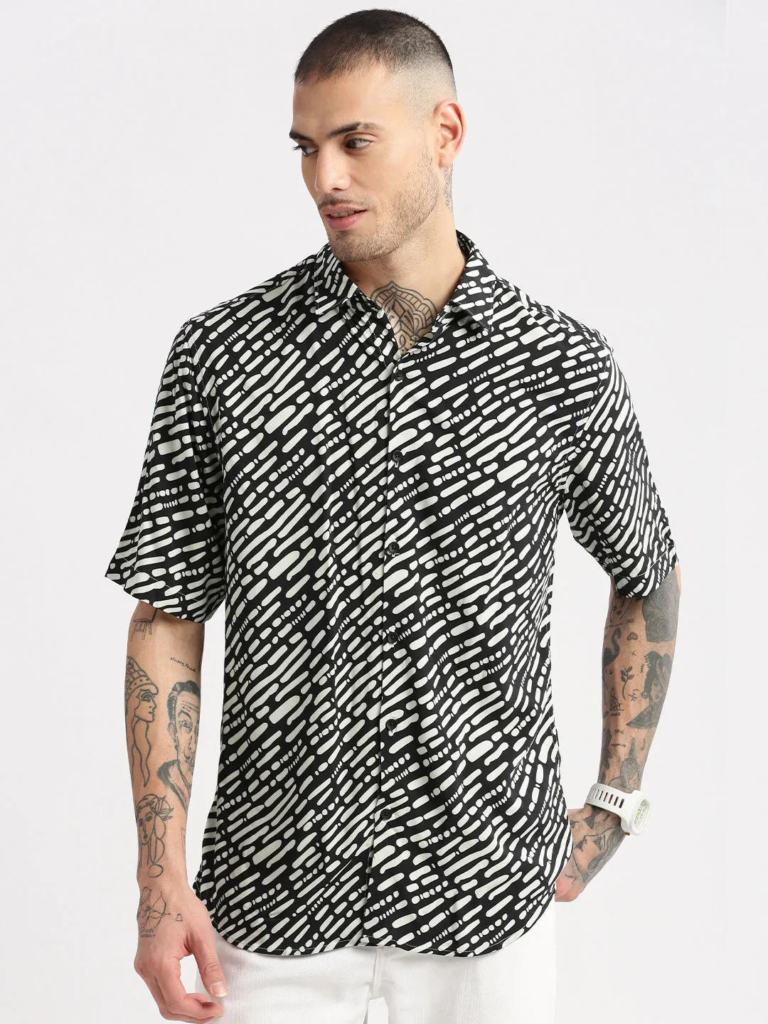 Men Black Smart Slim Fit Printed Spread Collar Casual Shirt
