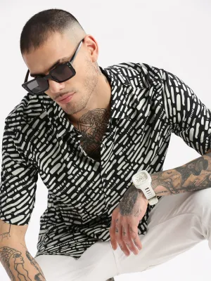 Men Black Smart Slim Fit Printed Spread Collar Casual Shirt