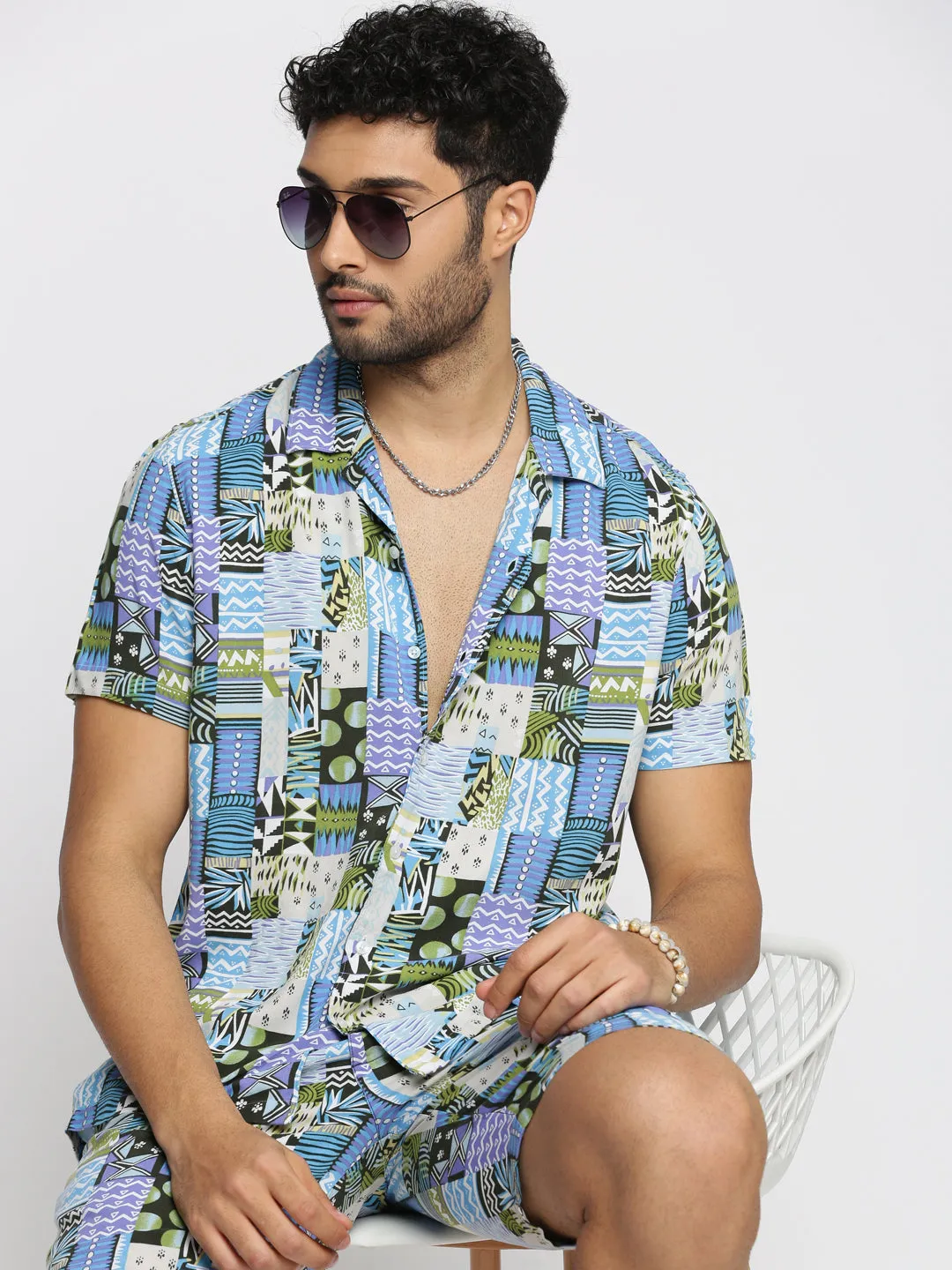 Men Blue Cuban Collar Printed Over Sized Co-ords Set