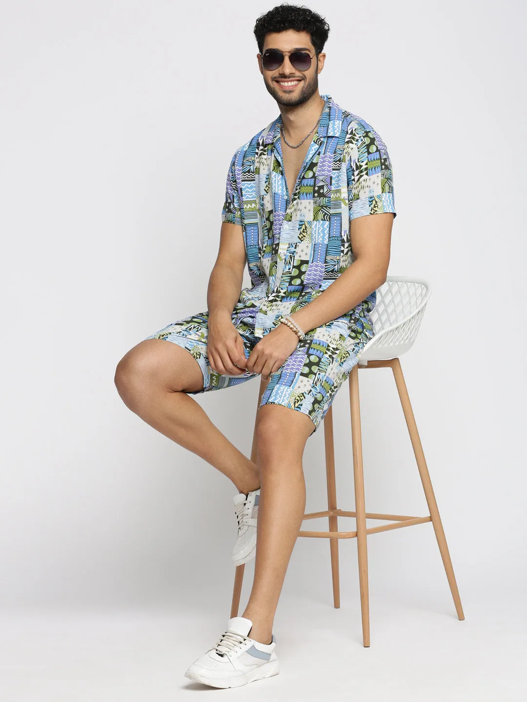 Men Blue Cuban Collar Printed Over Sized Co-ords Set