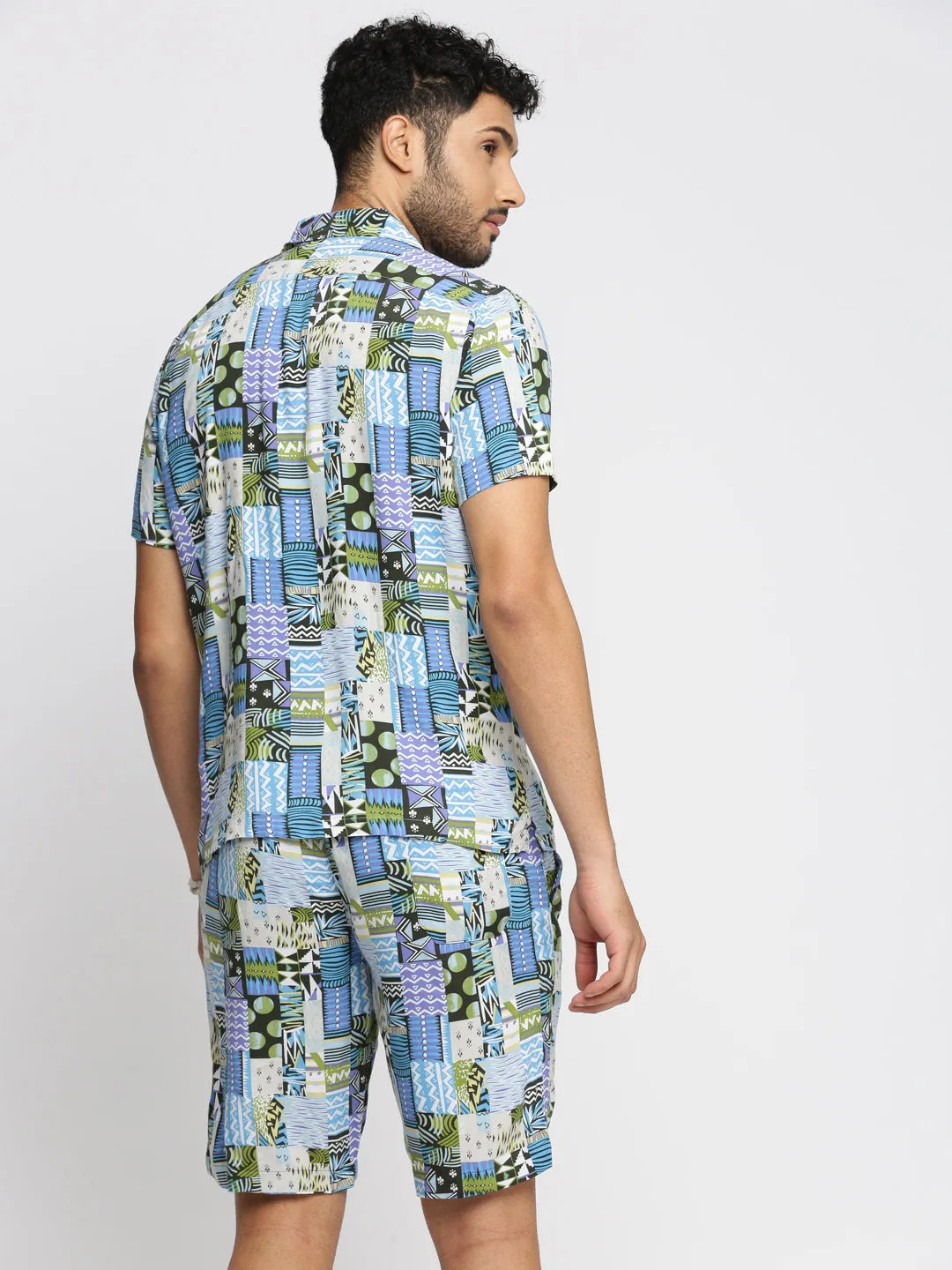 Men Blue Cuban Collar Printed Over Sized Co-ords Set