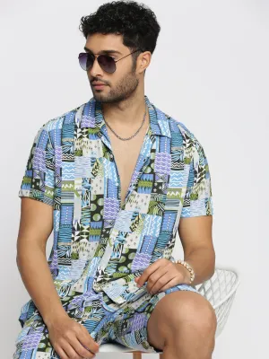 Men Blue Cuban Collar Printed Over Sized Co-ords Set