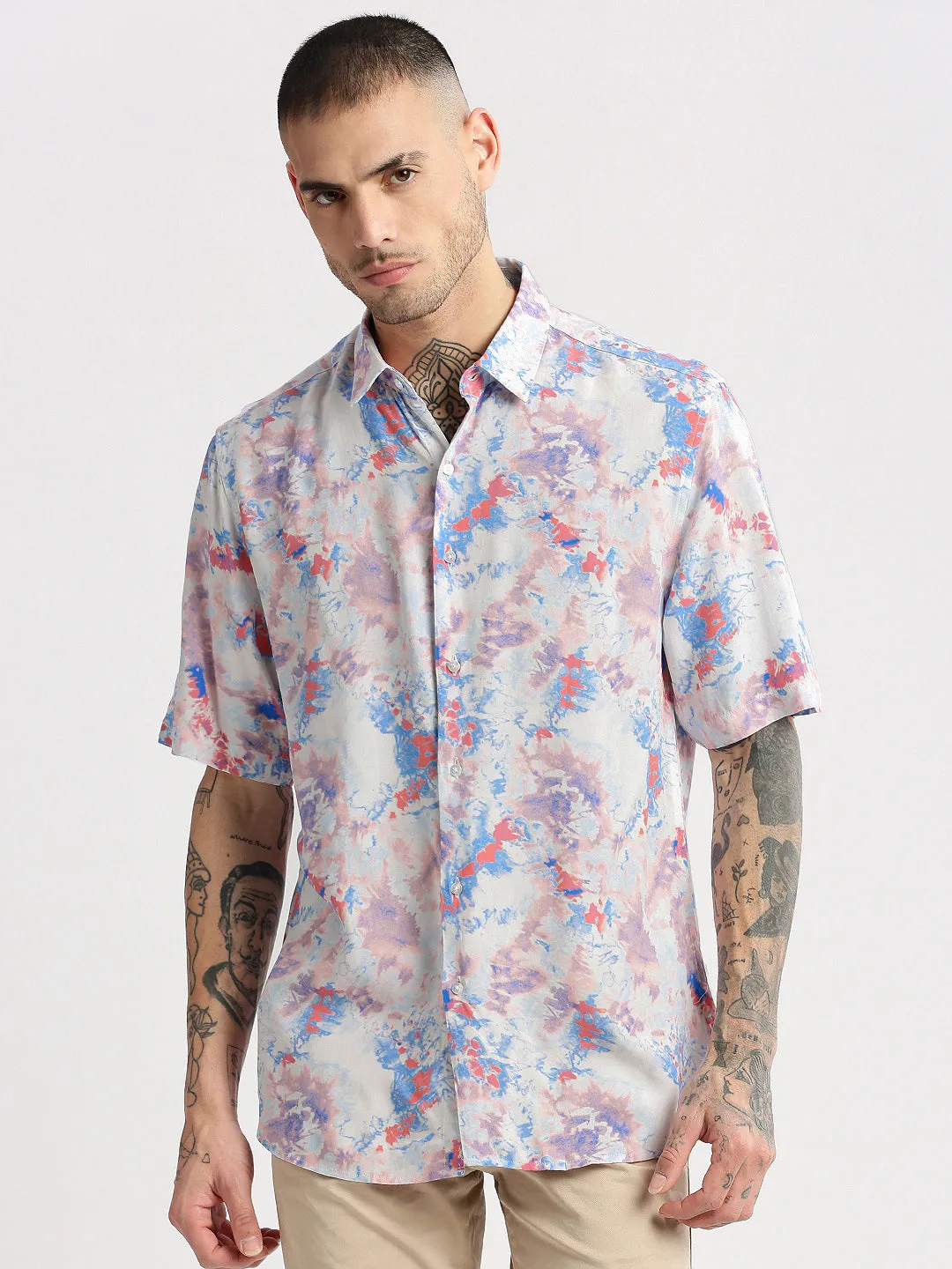 Men Blue Smart Slim Fit Abstract Printed Spread Collar Cotton Casual Shirt