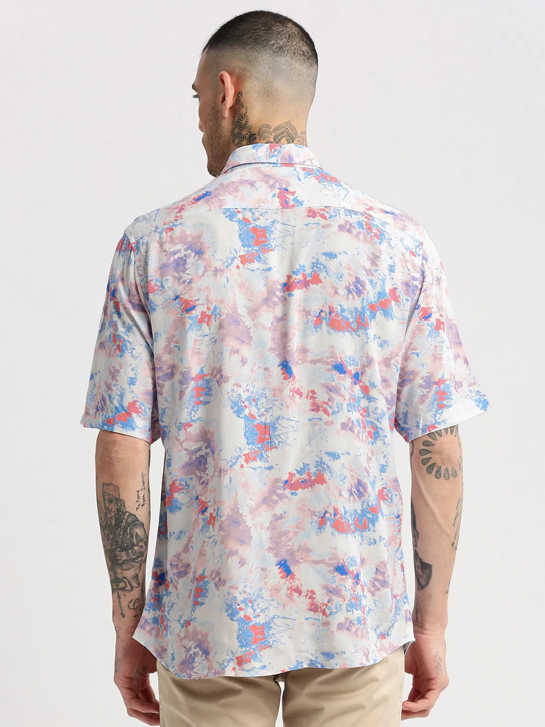 Men Blue Smart Slim Fit Abstract Printed Spread Collar Cotton Casual Shirt