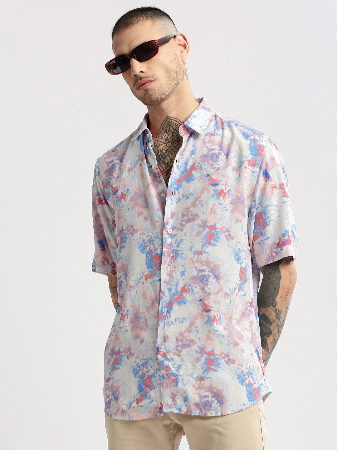 Men Blue Smart Slim Fit Abstract Printed Spread Collar Cotton Casual Shirt