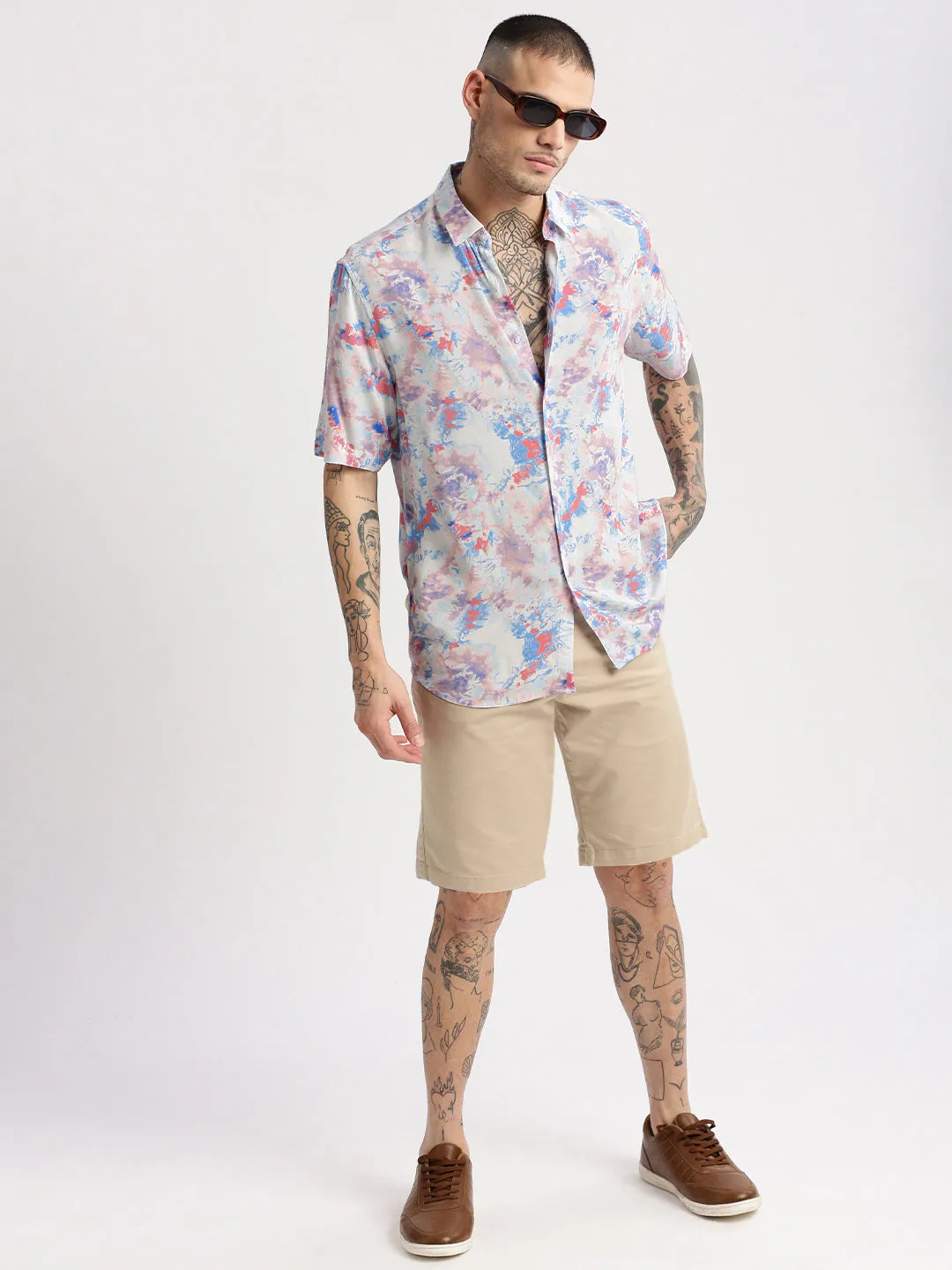Men Blue Smart Slim Fit Abstract Printed Spread Collar Cotton Casual Shirt