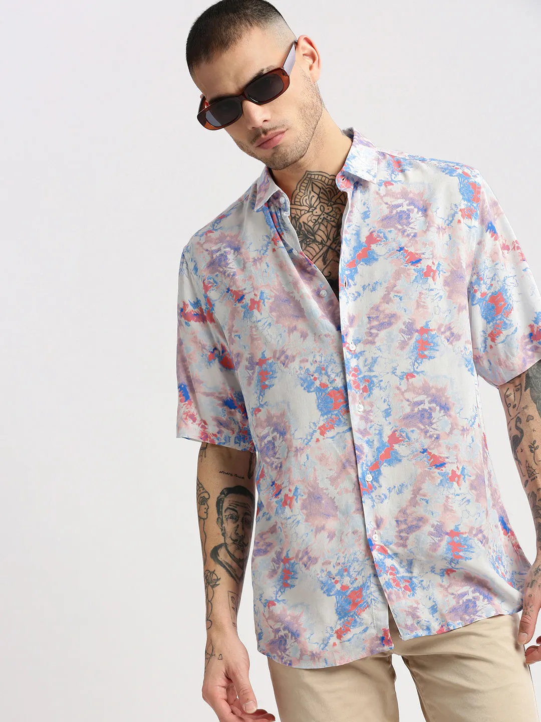 Men Blue Smart Slim Fit Abstract Printed Spread Collar Cotton Casual Shirt