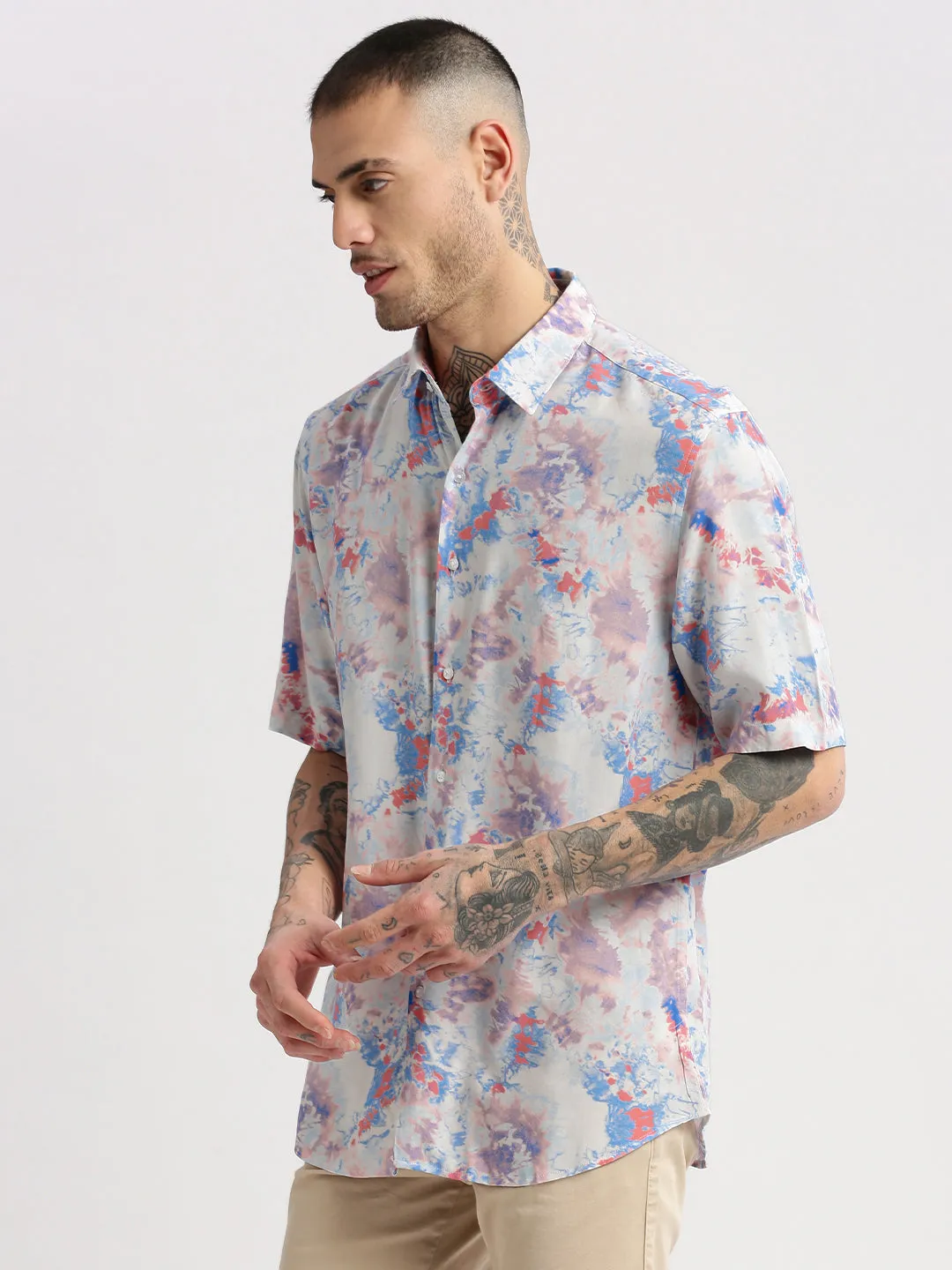 Men Blue Smart Slim Fit Abstract Printed Spread Collar Cotton Casual Shirt