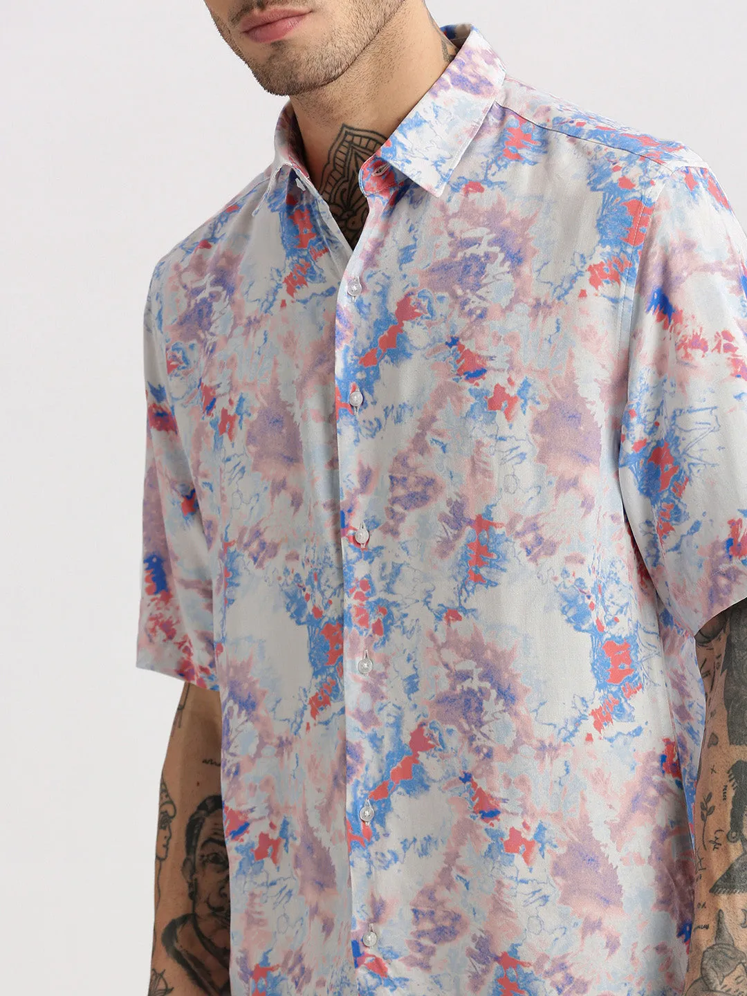 Men Blue Smart Slim Fit Abstract Printed Spread Collar Cotton Casual Shirt