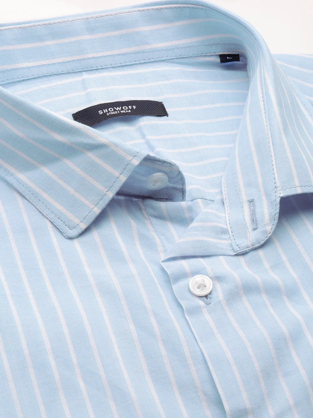 Men Blue Standard Vertical Striped Cotton Slim Fit Casual Shirt