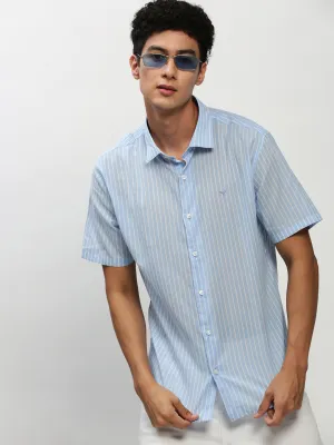 Men Blue Standard Vertical Striped Cotton Slim Fit Casual Shirt